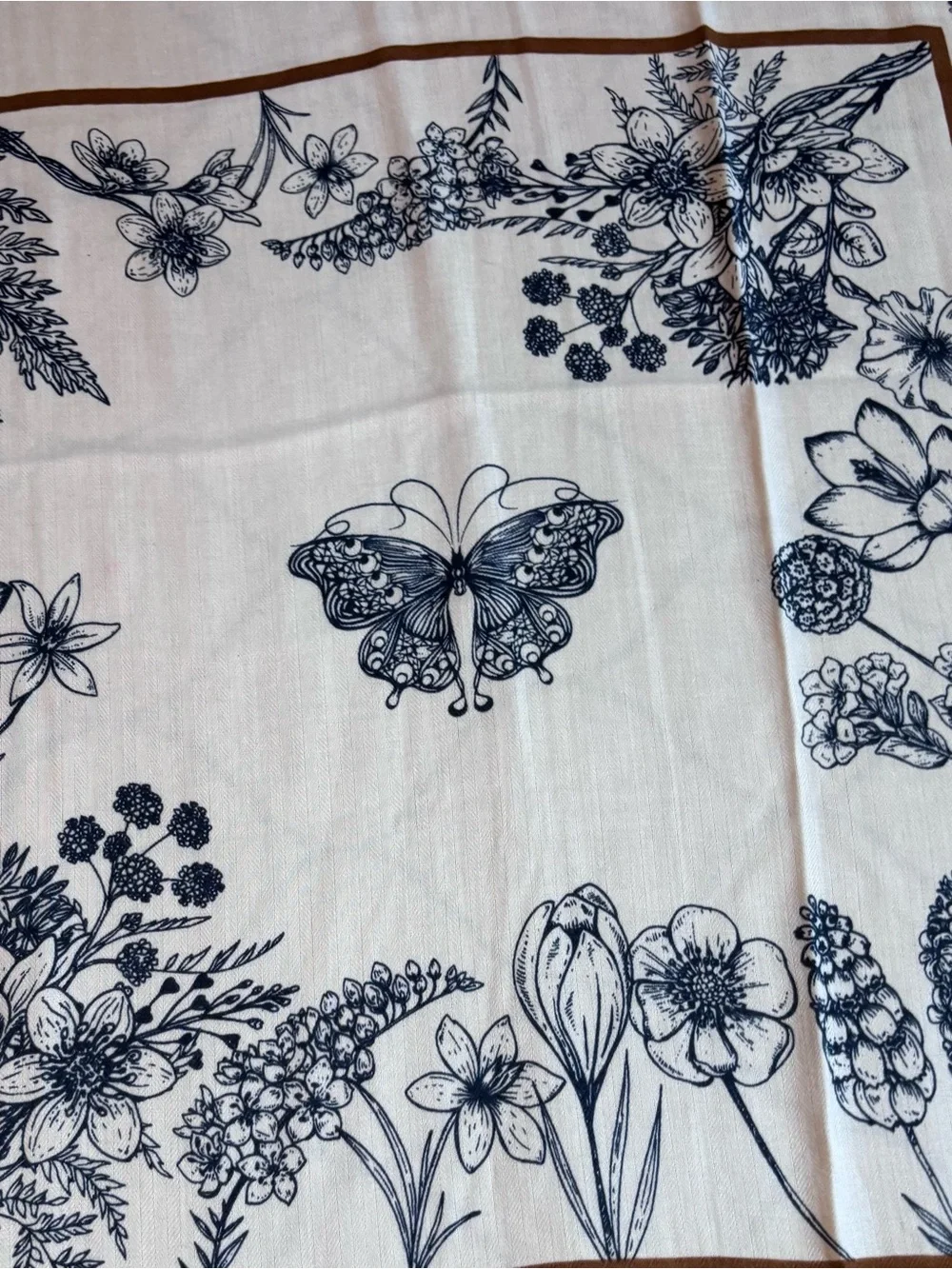 Botanical Floral & Butterfly Square Scarf – Ivory, Navy & Cognac Brown